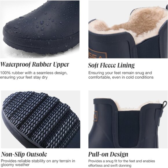 ⚡Women's Navy Blue Pull On Plush Rain Ankle Snow Boot Waterproof Chelsea Rubber - Picture 6 of 6